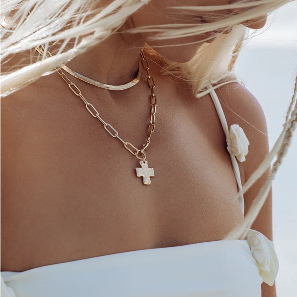 NEW James Michelle Gold Chunky Cross 20” Paperclip Chain Link Necklace